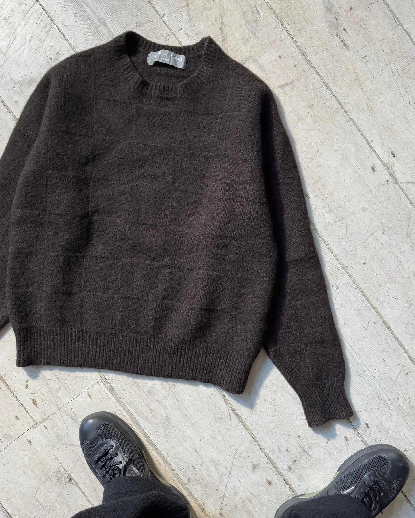 80s Brown Tonal Check Textured Knit Jumper (~M~)