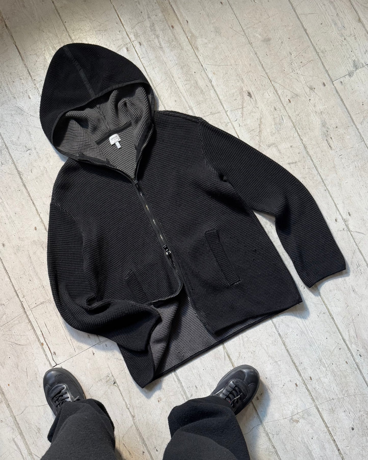 2000s Black Zip Up Waffle Knit Hoody (~XL~)