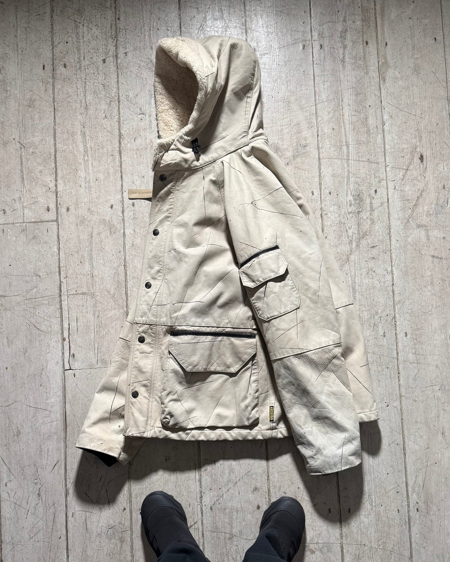 2000s Distressed Scratch Pattern Cream Leather Shearling Fleece Hooded Jacket (L~XL)