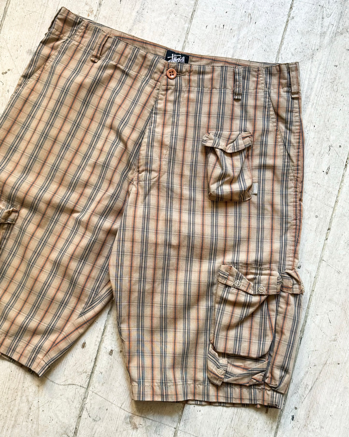 Beige Plaid Multi Pocket Shorts (33-35)