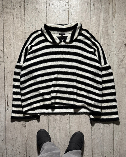 2012 Peter Pan Neck Black White Striped Fleece Jumper  (M~L)