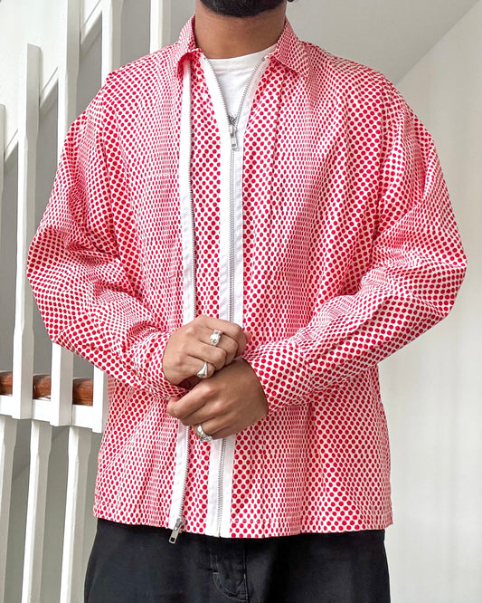 90s Red Polka Dot Double Zip Up Shirt  (M~L)