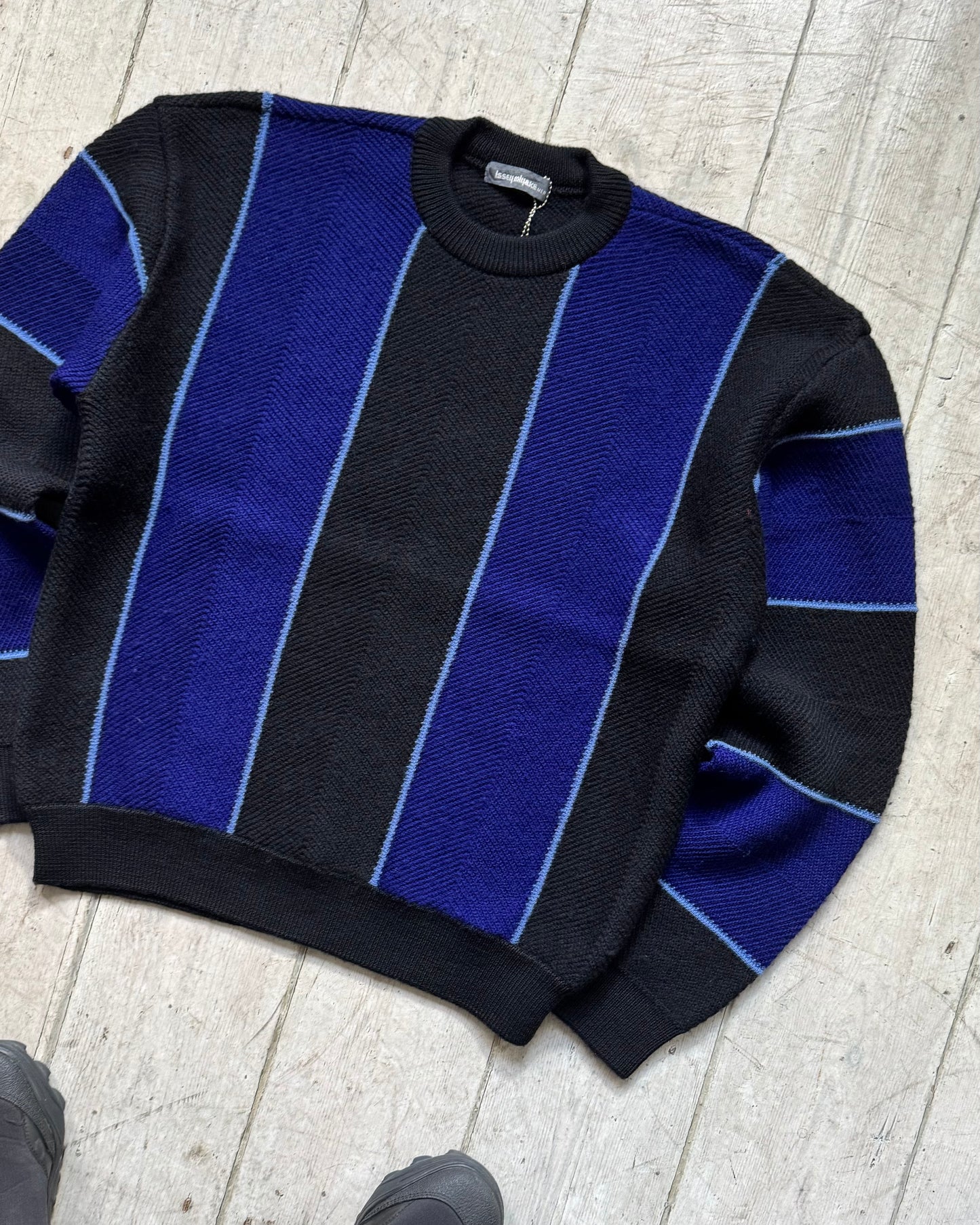 80s Blue Black Vertical Oversized Striped Knit Sweater / Jumper (~L~)