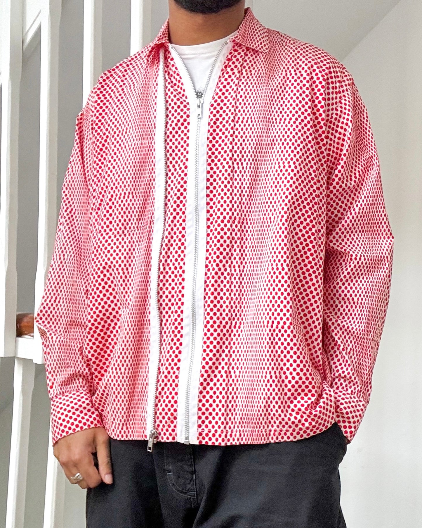 90s Red Polka Dot Double Zip Up Shirt  (M~L)