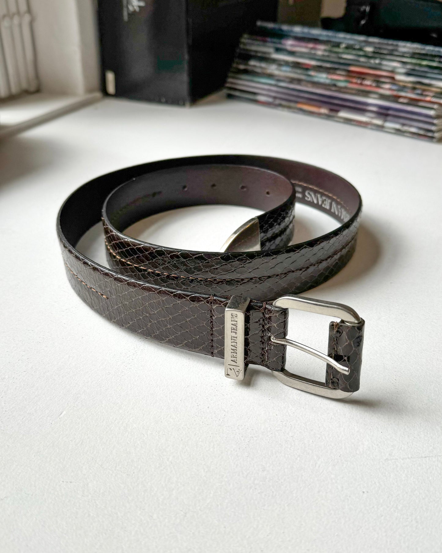 Deep Brown Crocodile Skin Style Leather Patent  Belt (33~36)