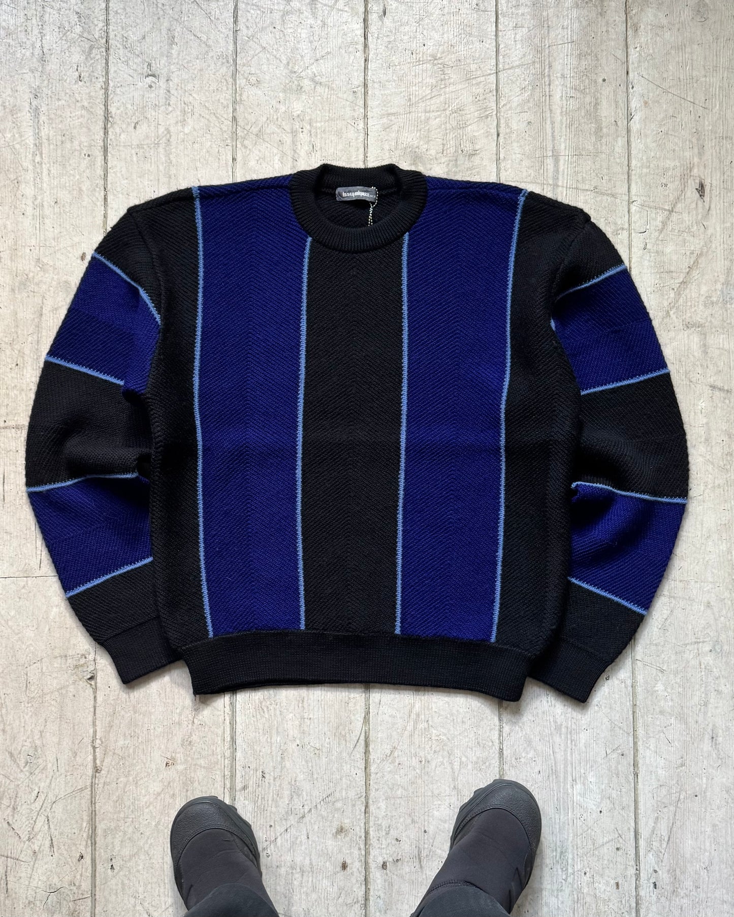 80s Blue Black Vertical Oversized Striped Knit Sweater / Jumper (~L~)