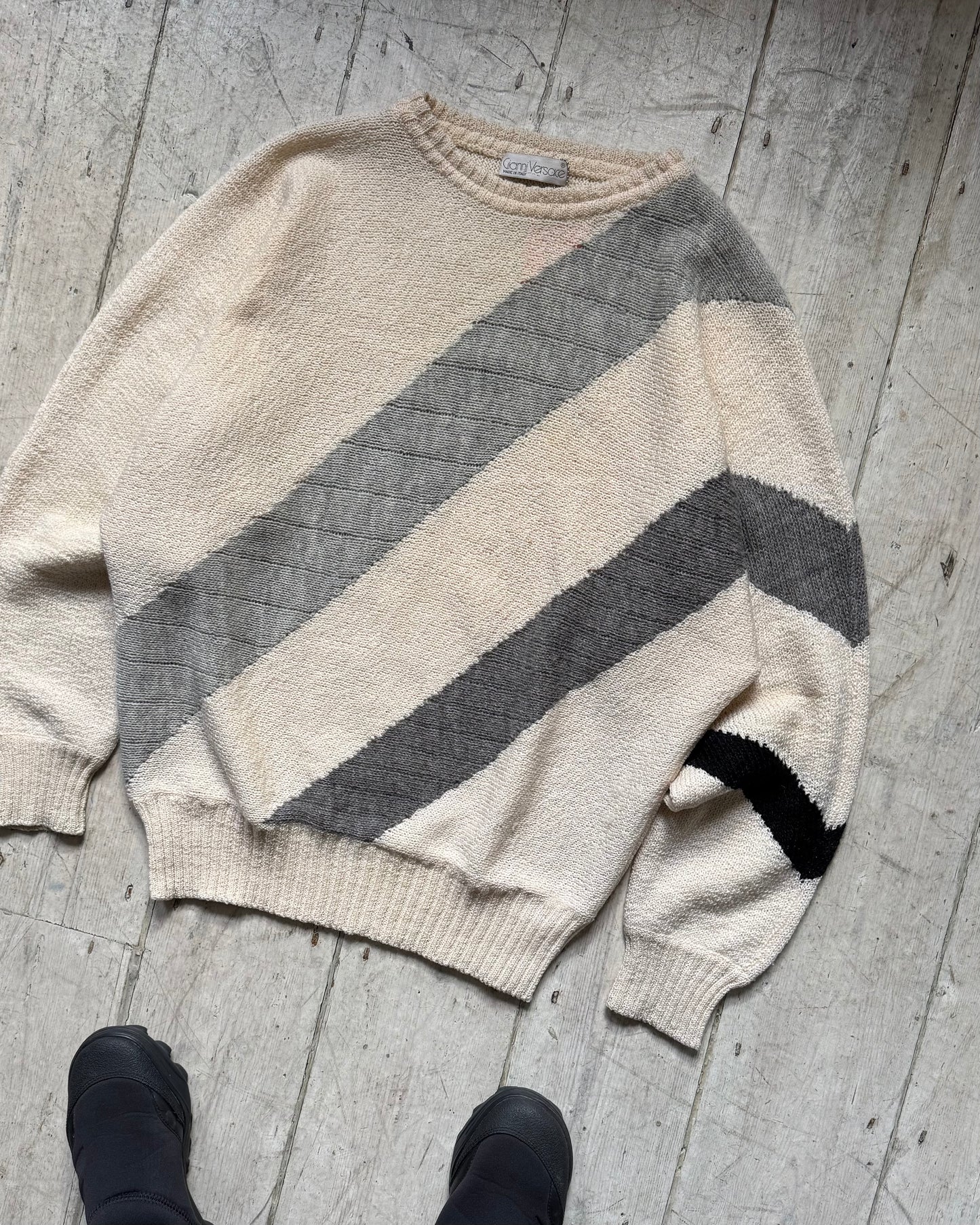 80s Cream Grey Diagonal Asymmetrical Stripe Knit Jumper  (~XL~)