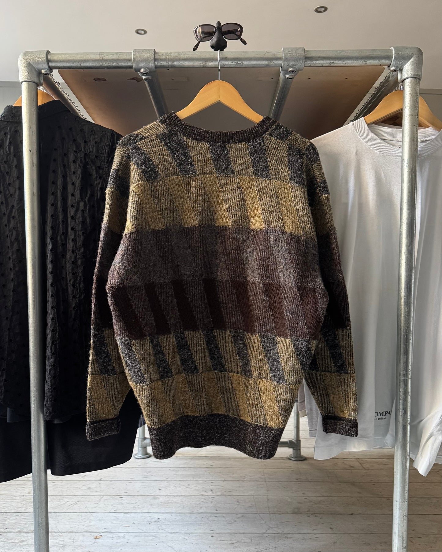 80s Brown Grey Diagonal V-neck Knit Sweater / Jumper (~L~)