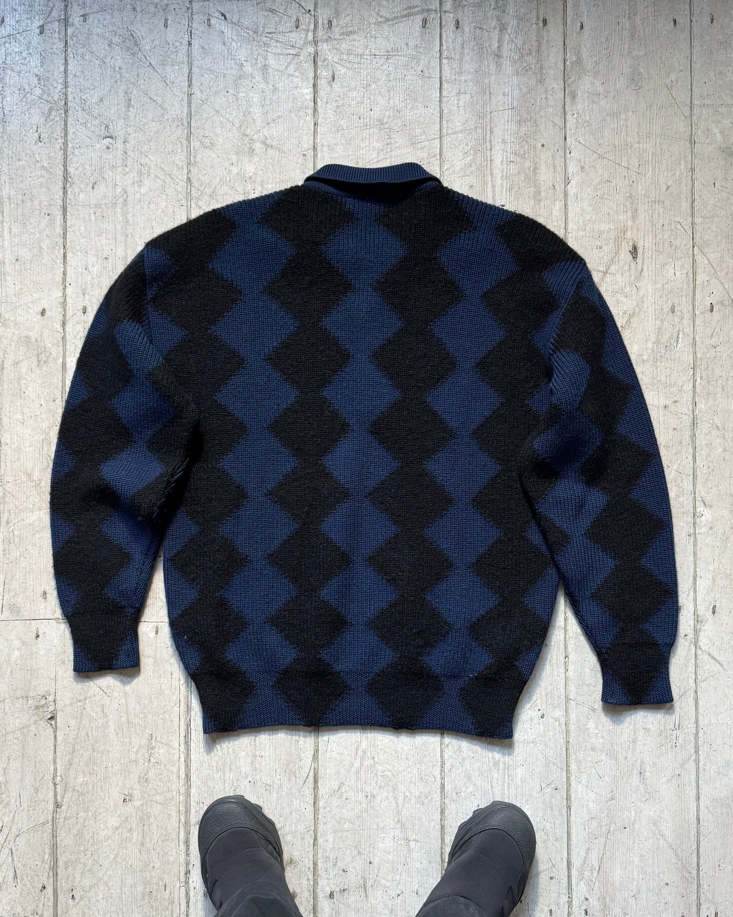 80s Blue Black Diamond Pattern Quarter Button Up Knit Sweater / Jumper (M~L)