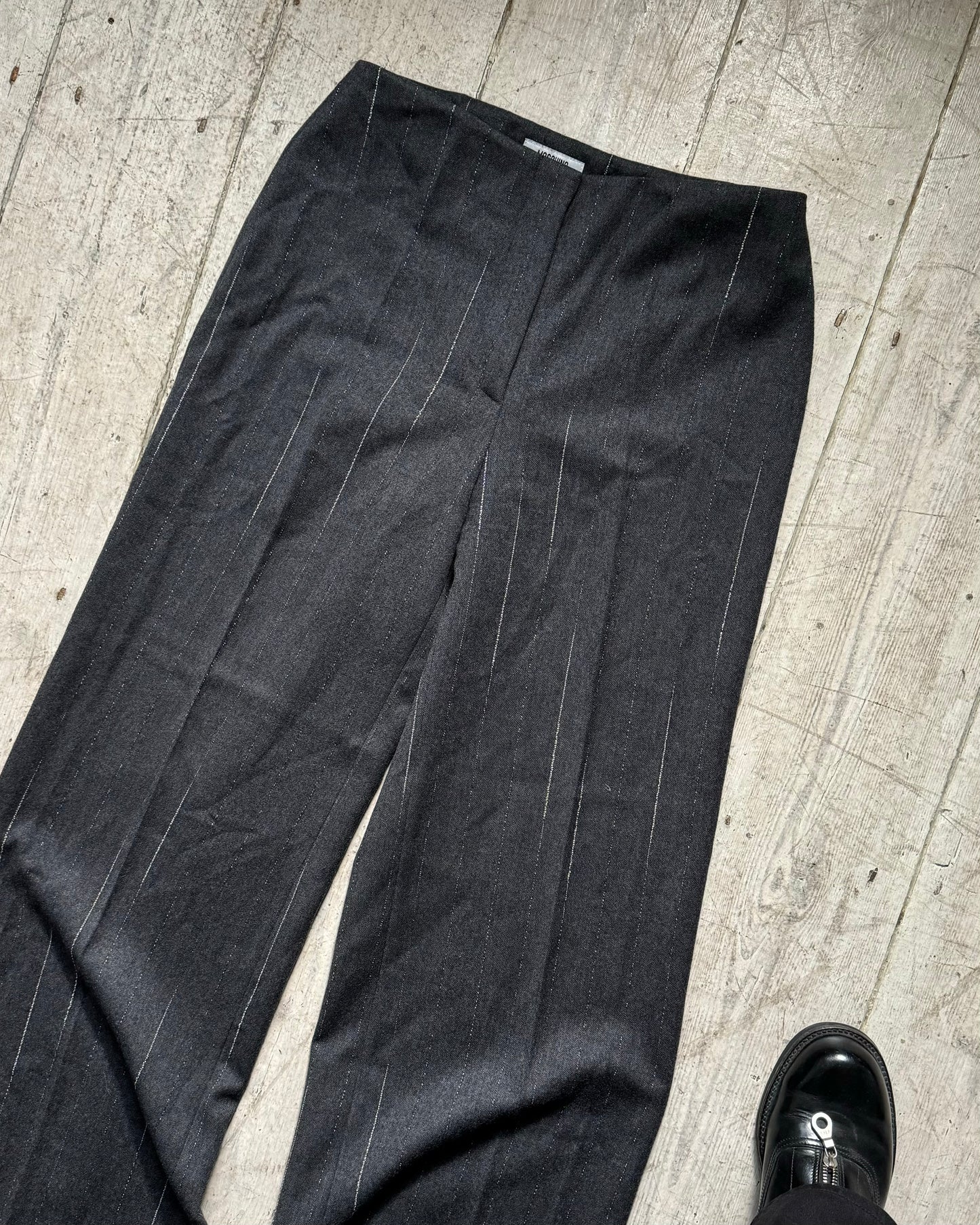 Early 2000s Grey Staggered Pinstripe Virgin Wool Wide Dress Pants  (~30~)