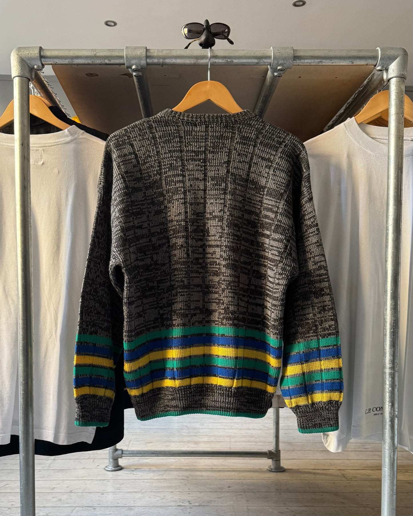 80s Abstract Noisy Grey / Striped Knit Jumper (M~L)