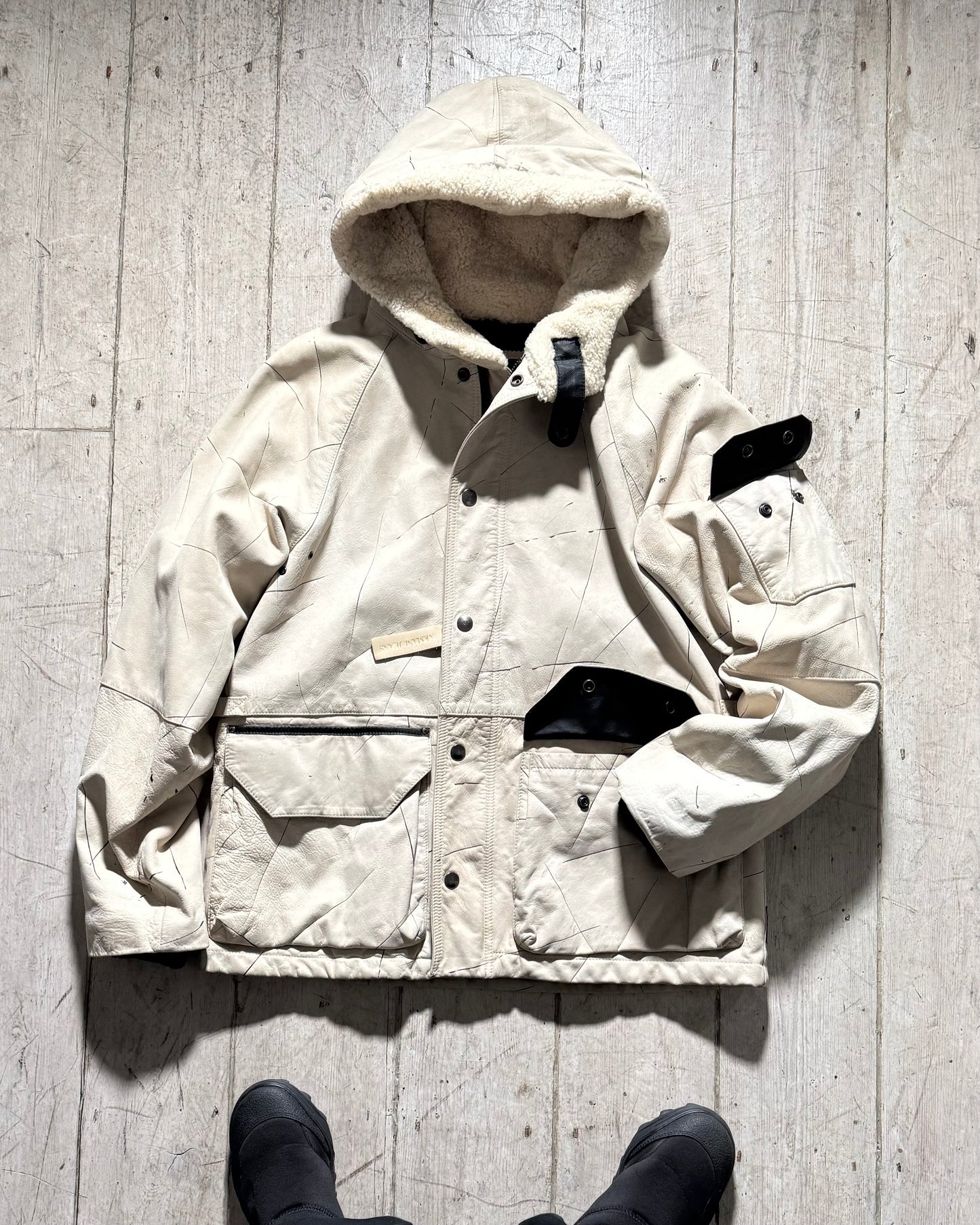 2000s Distressed Scratch Pattern Cream Leather Shearling Fleece Hooded Jacket (L~XL)