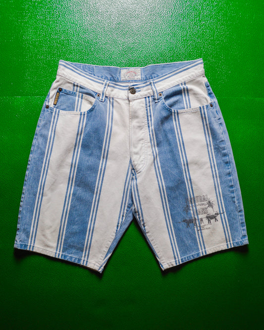 90s Striped Elephant Print Blue White Denim Shorts  Jorts (~32~)