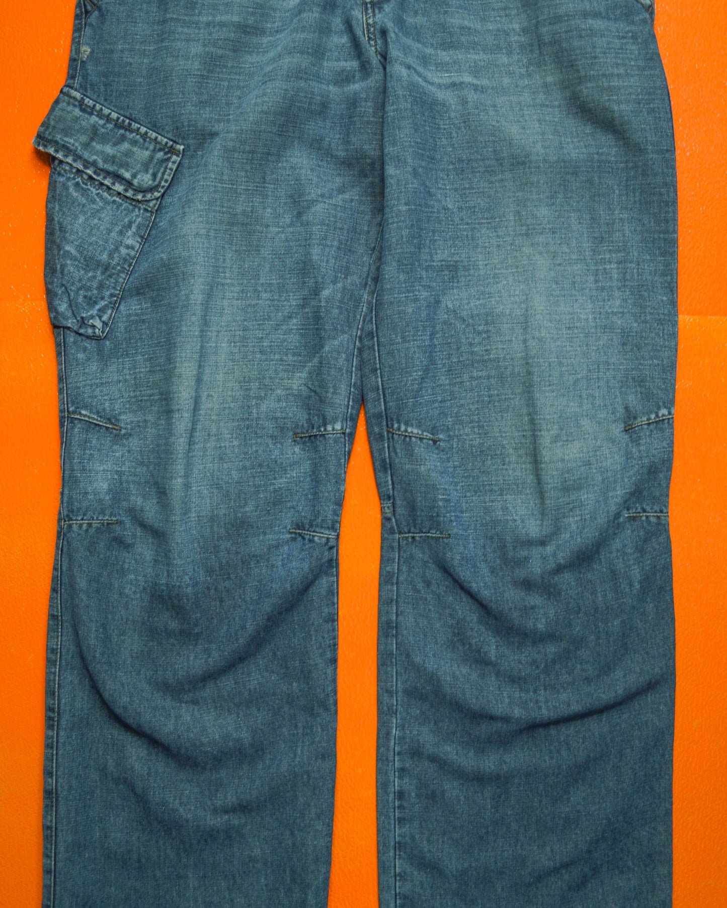 Relaxed Asymmetrical Medium Wash Blue Denim Cargo Pants (~32~)