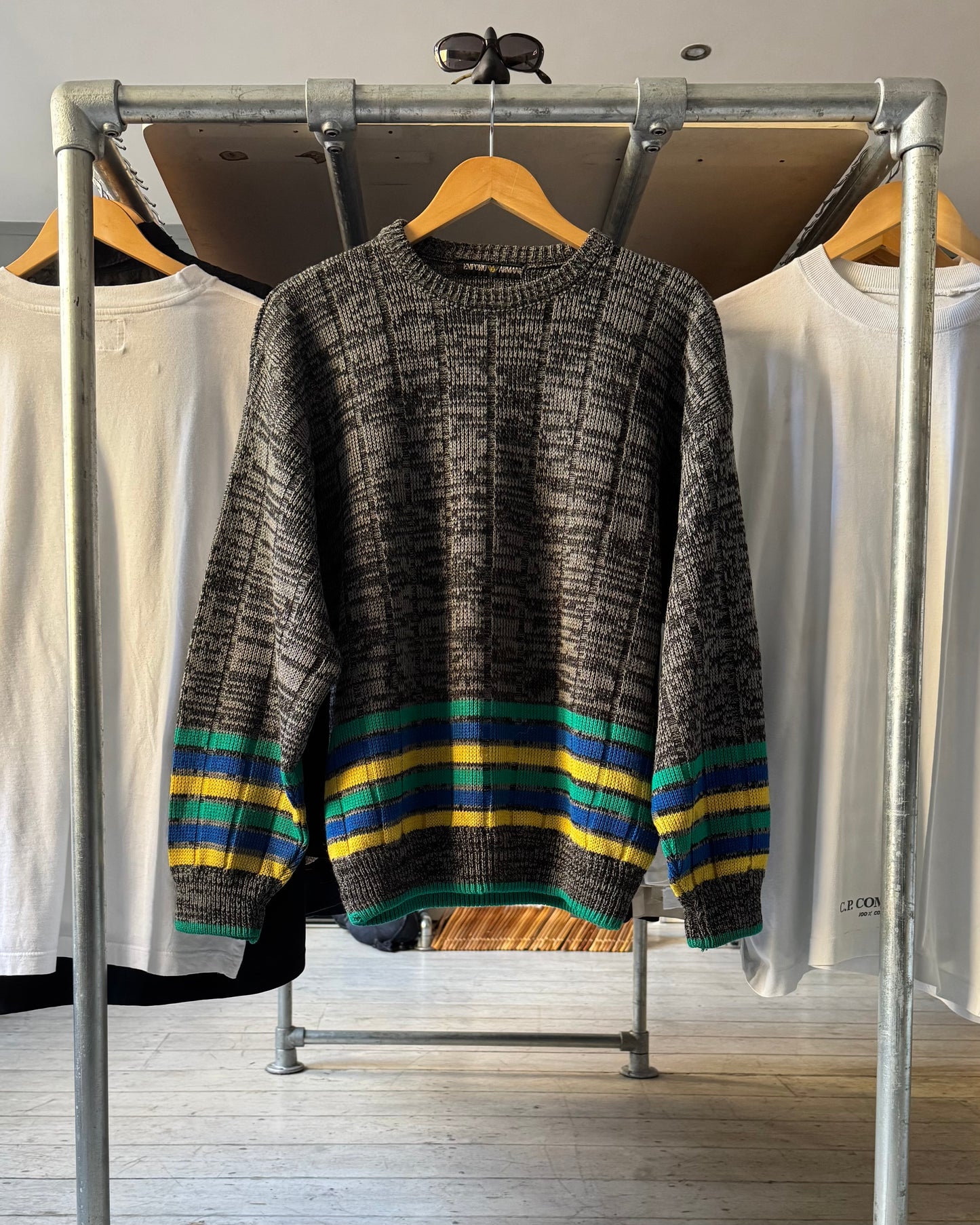 80s Abstract Noisy Grey / Striped Knit Jumper (M~L)