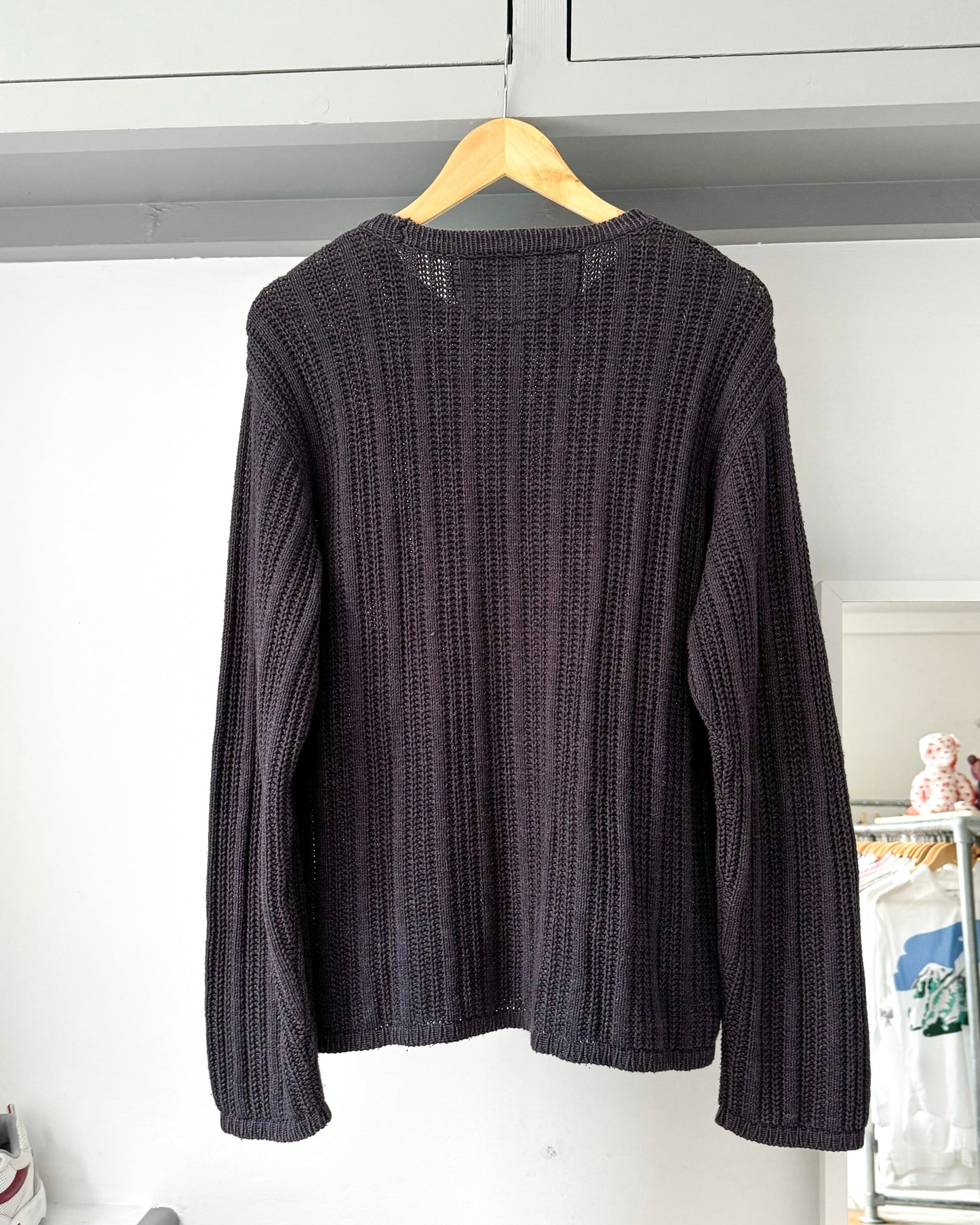 90s Dual Gauge Striped Washed Black Knit Jumper (M~L)