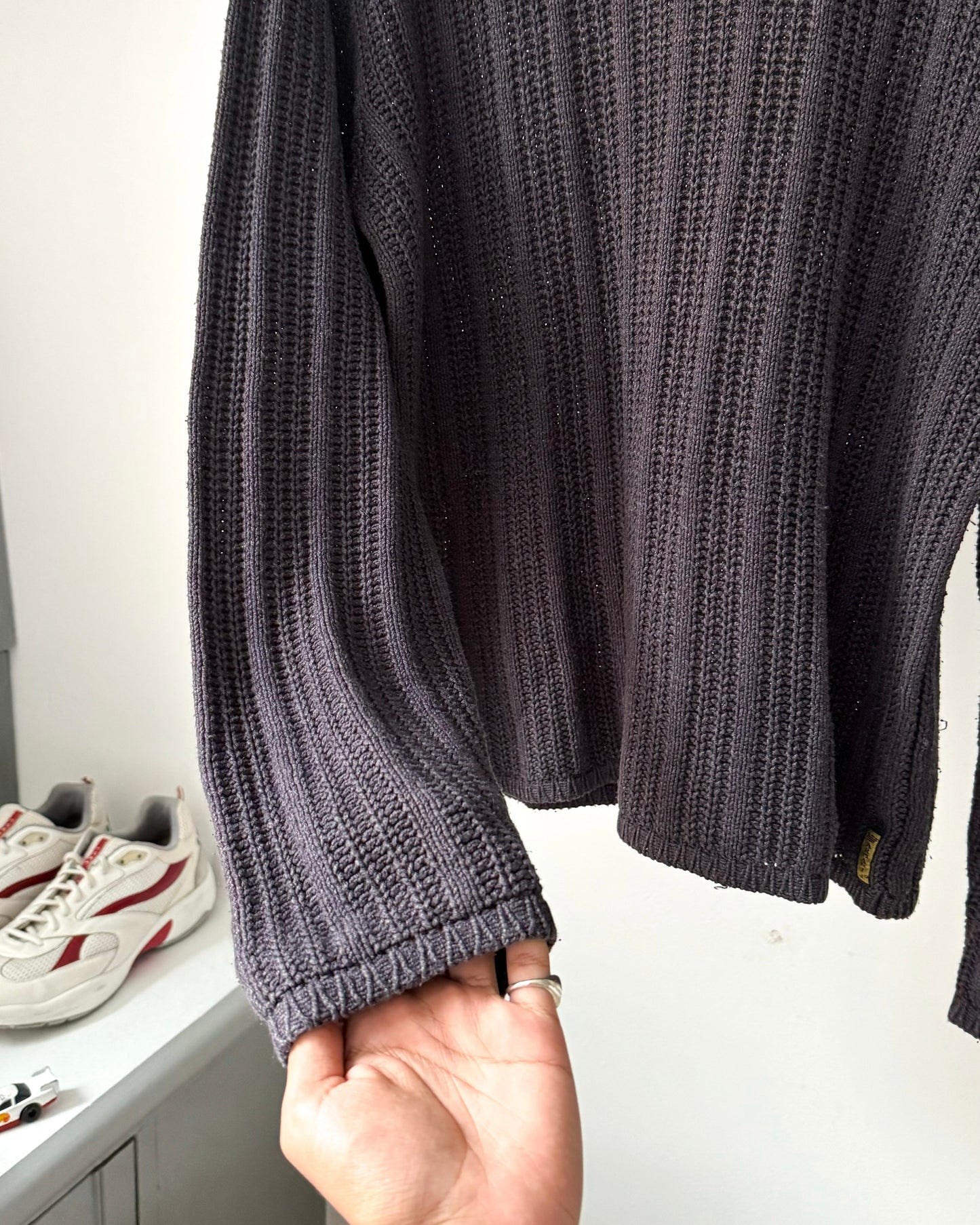 90s Dual Gauge Striped Washed Black Knit Jumper (M~L)