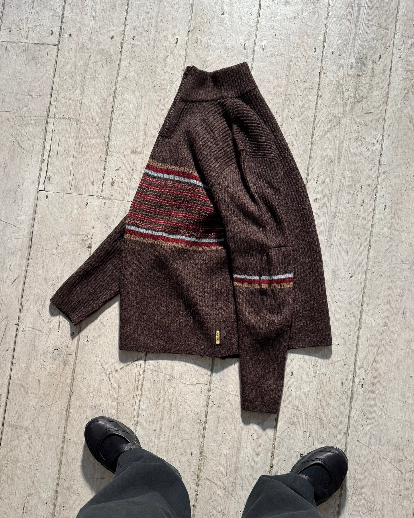 Early 2000s Brown Striped Quarter Zip Knit Jumper  (~M~)