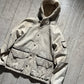 2000s Distressed Scratch Pattern Cream Leather Shearling Fleece Hooded Jacket (L~XL)