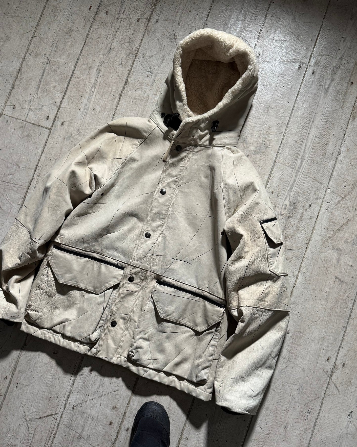 2000s Distressed Scratch Pattern Cream Leather Shearling Fleece Hooded Jacket (L~XL)