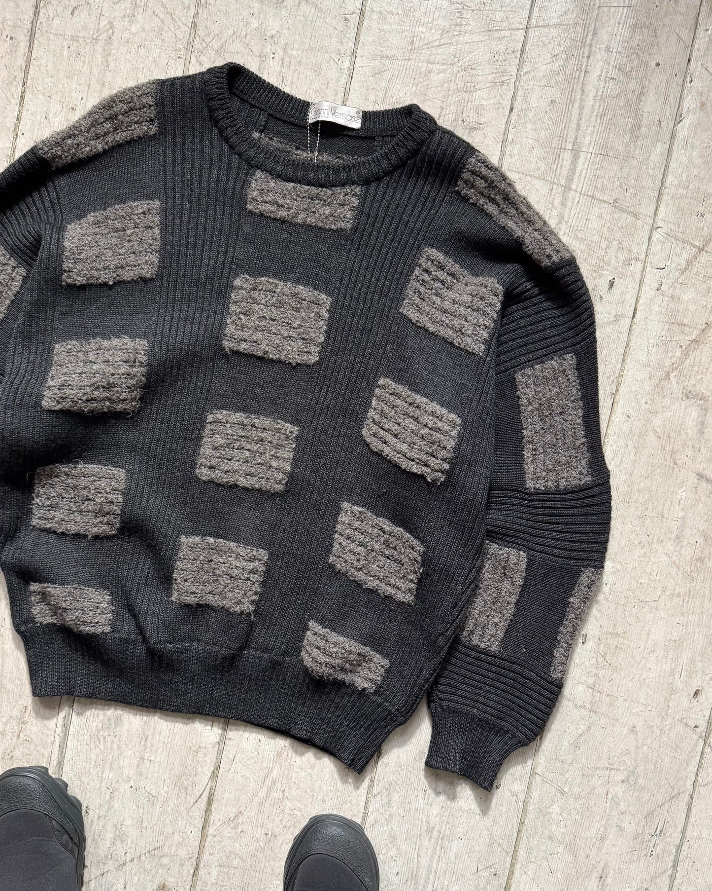 80s Grey Patch Pattern Knit Jumper  (L~XL)