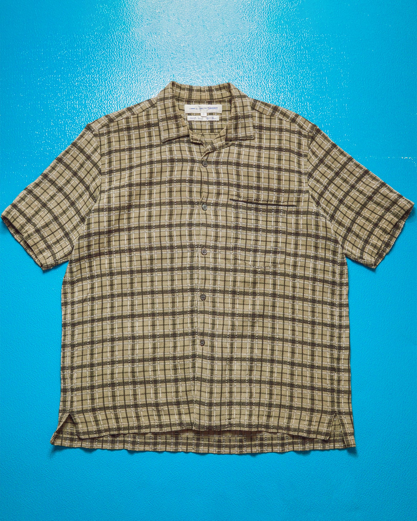 90s Woven Textured Brown Plaid Open Collar Shirt (~M~)