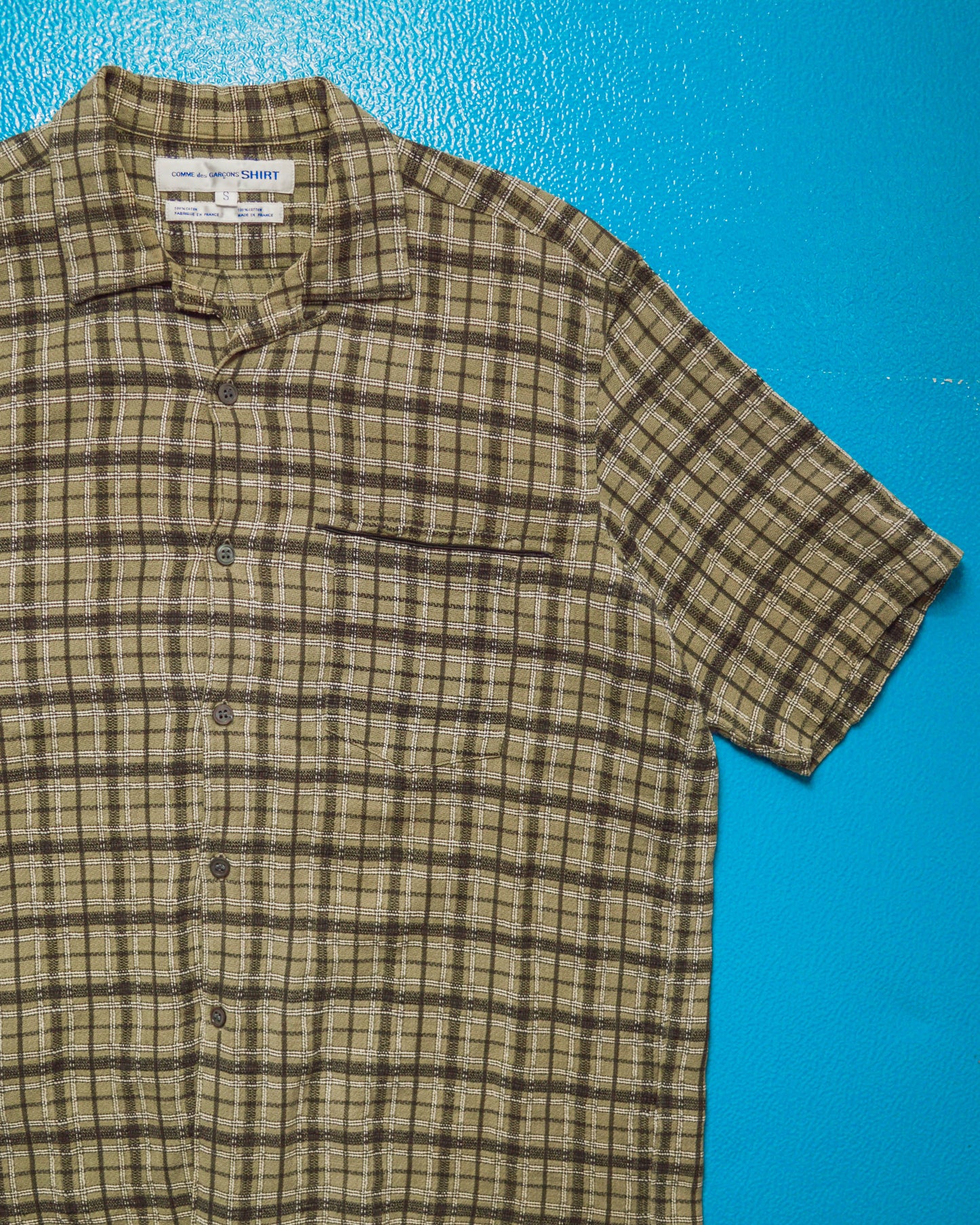 90s Woven Textured Brown Plaid Open Collar Shirt (~M~)