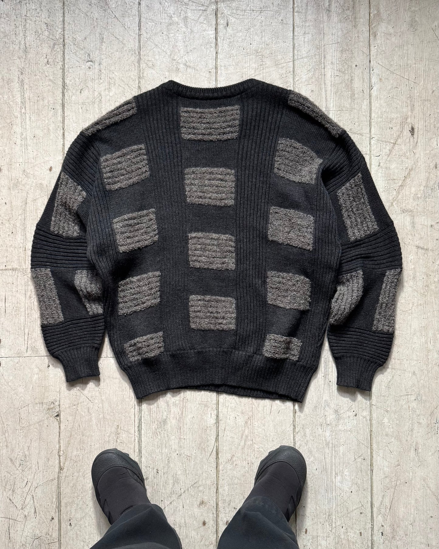 80s Grey Patch Pattern Knit Jumper  (L~XL)