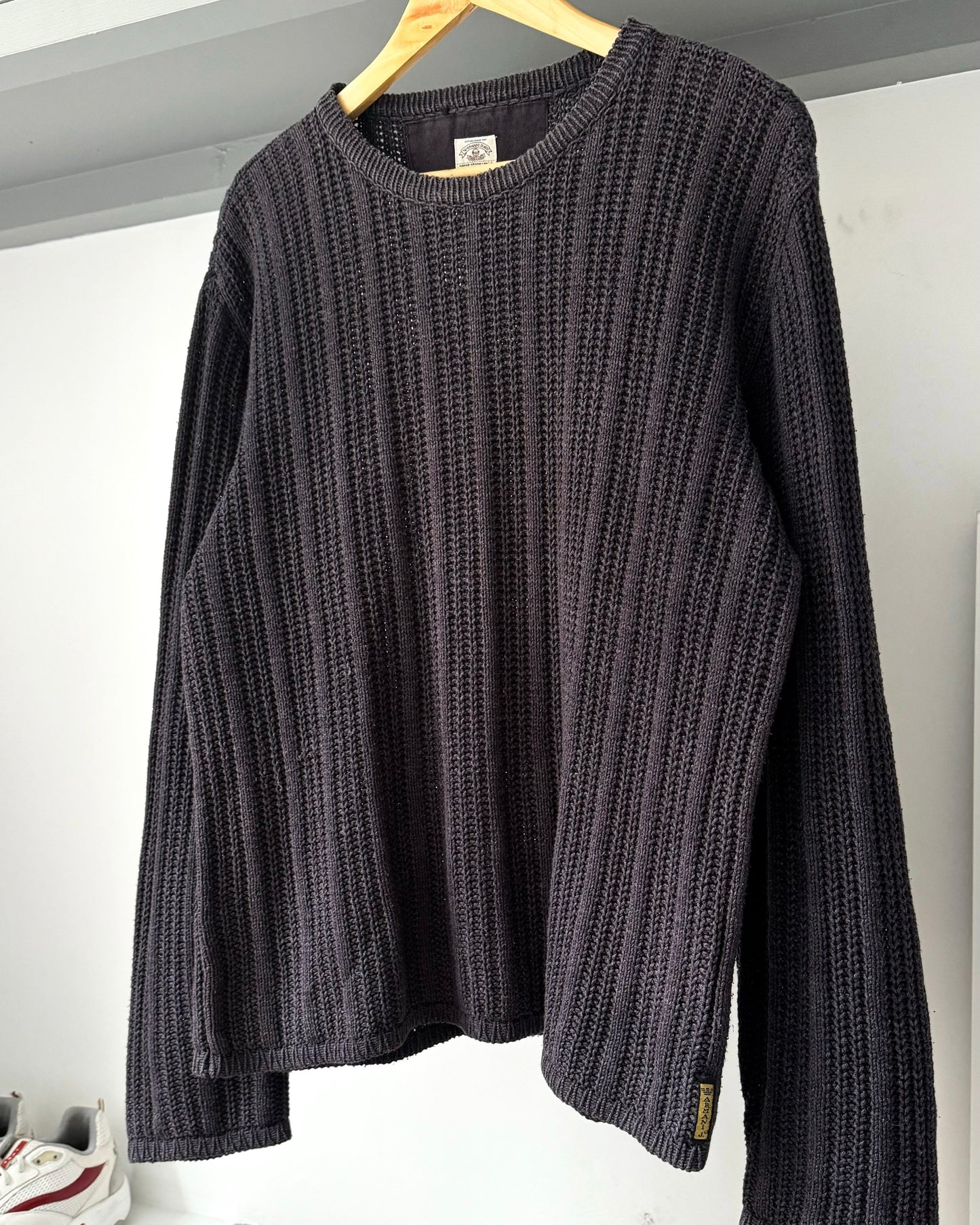 90s Dual Gauge Striped Washed Black Knit Jumper (M~L)