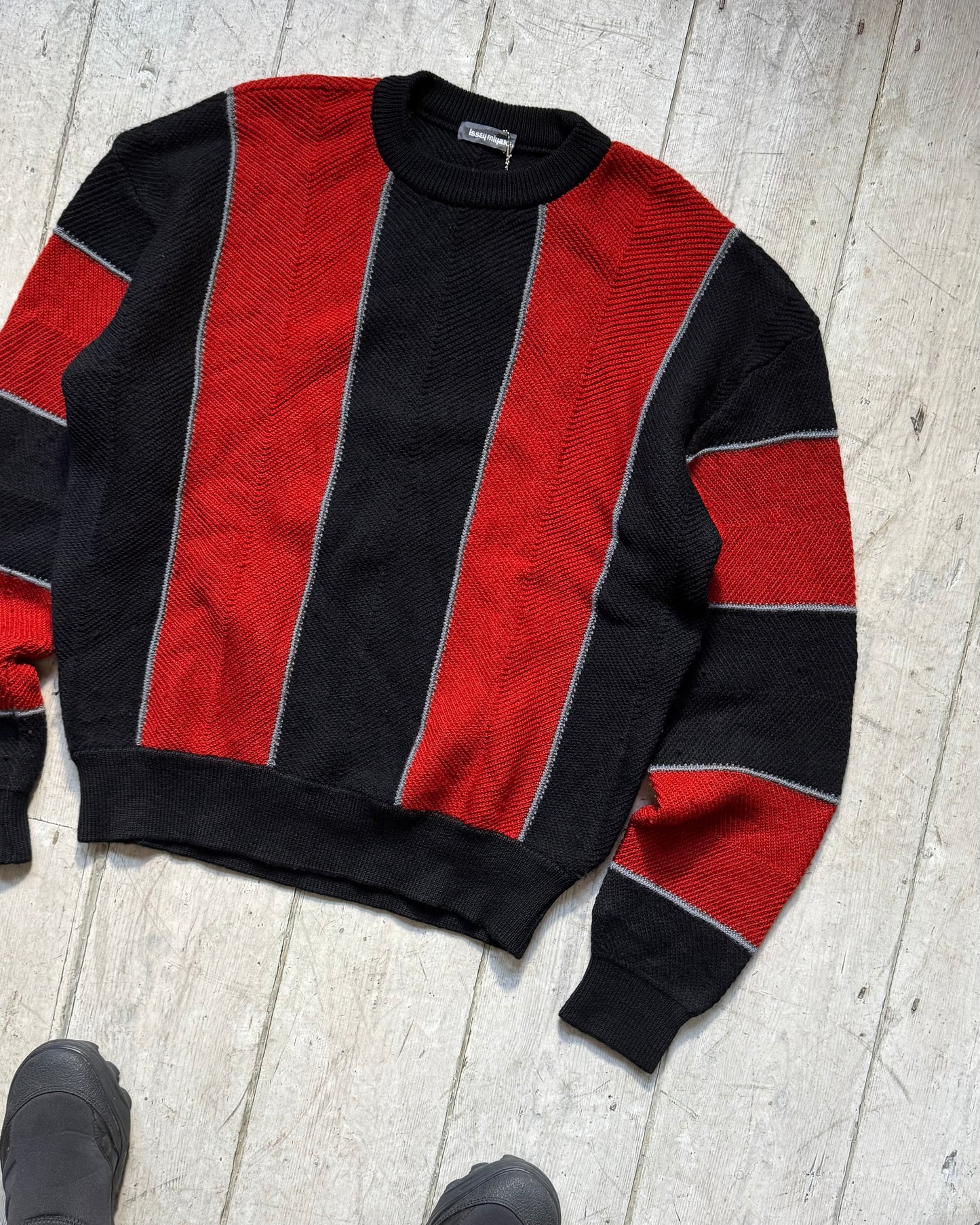 80s Red Black Vertical Oversized Striped Knit Sweater / Jumper (~L~)