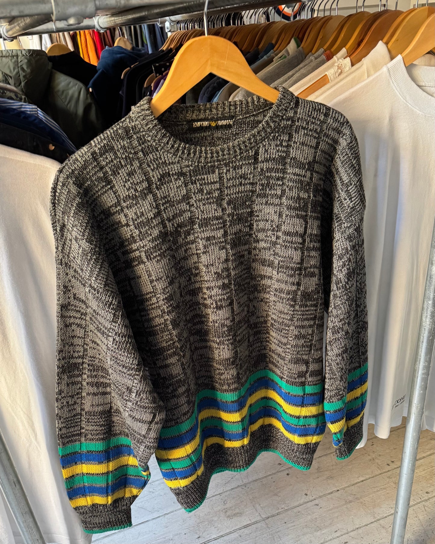 80s Abstract Noisy Grey / Striped Knit Jumper (M~L)