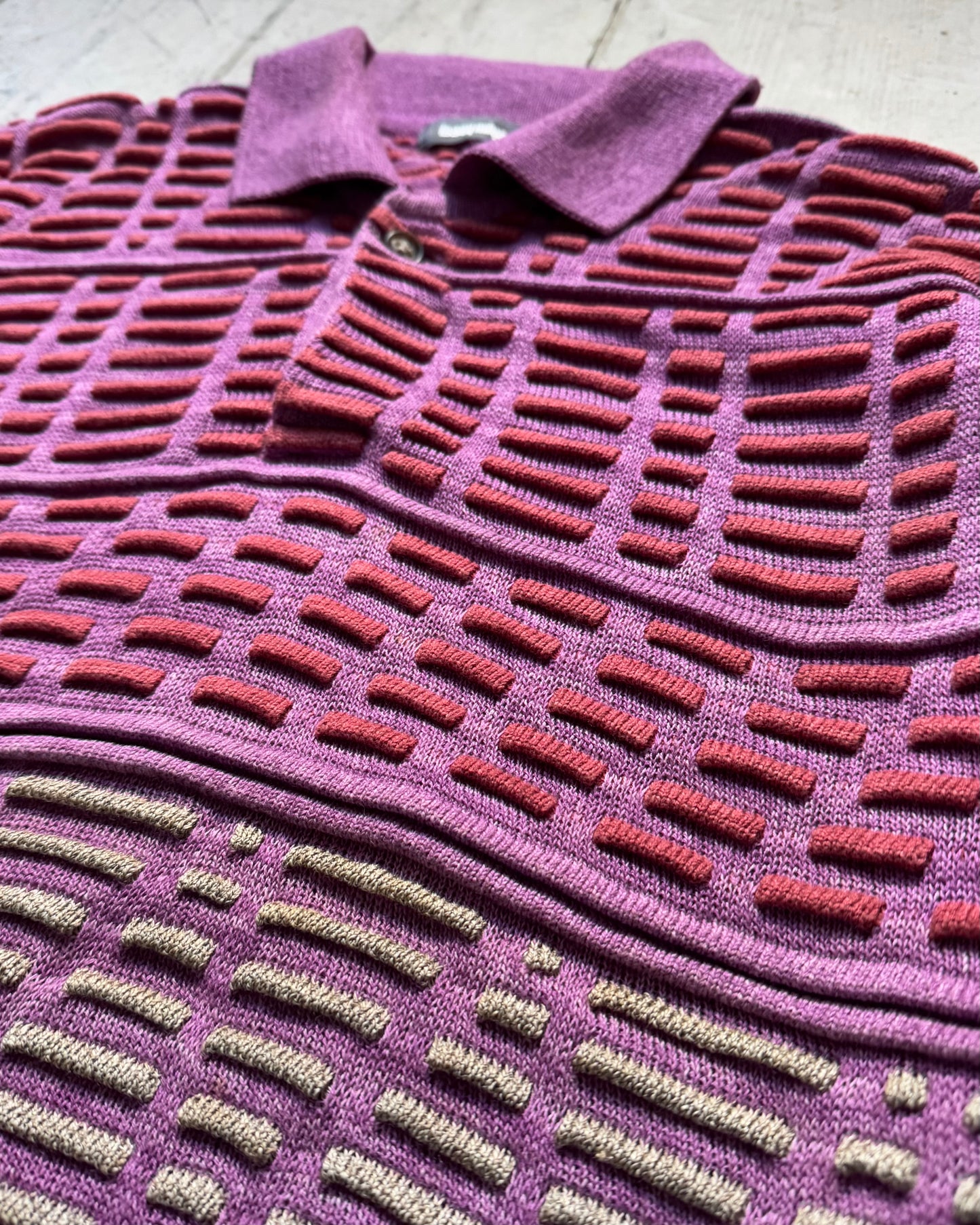 SS 1989 Purple / Red 3D Striped Pattern Knit LS Polo Jumper (~L~)