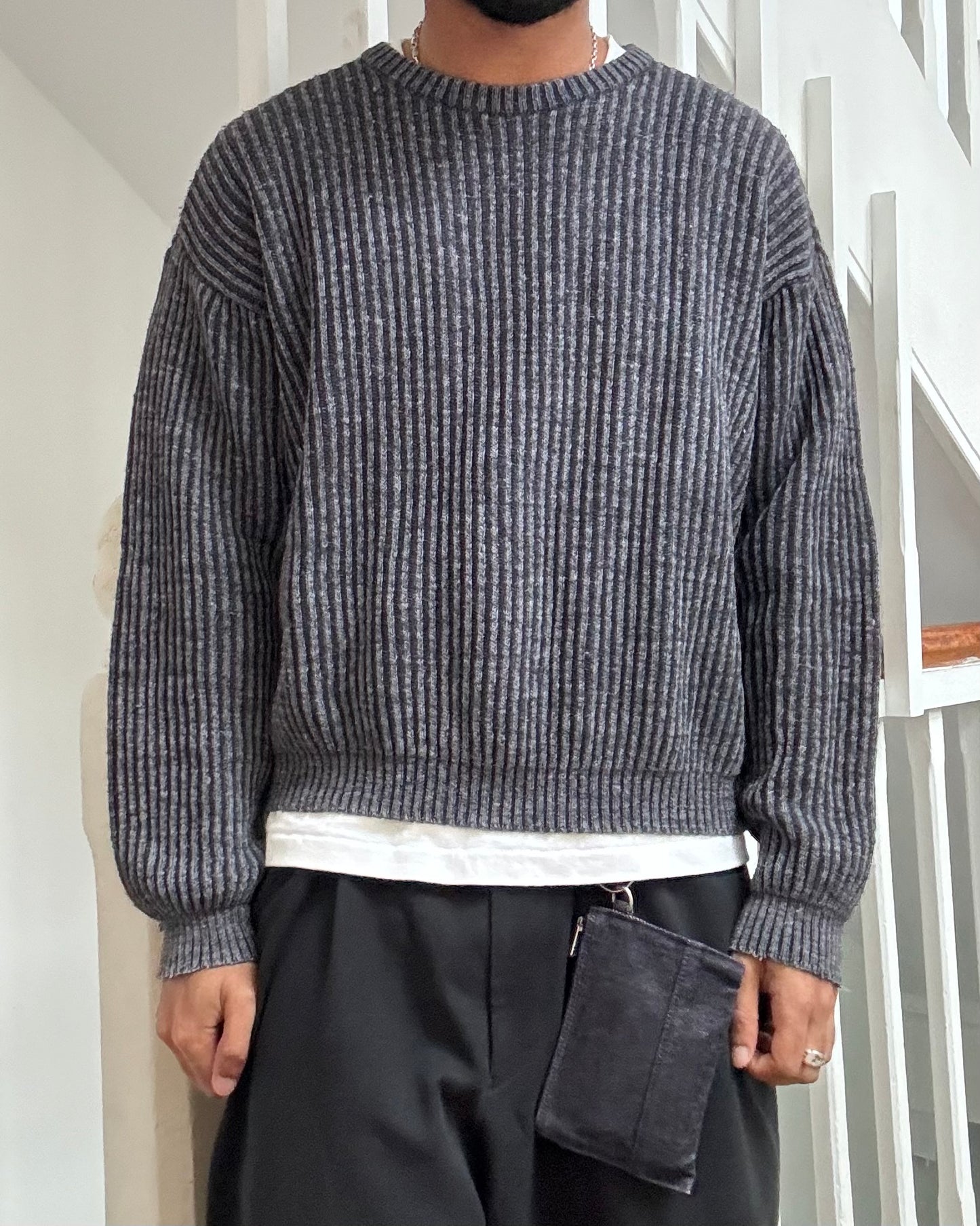 90s Grey Striped  Boxy Knit  Jumper  (~M~)