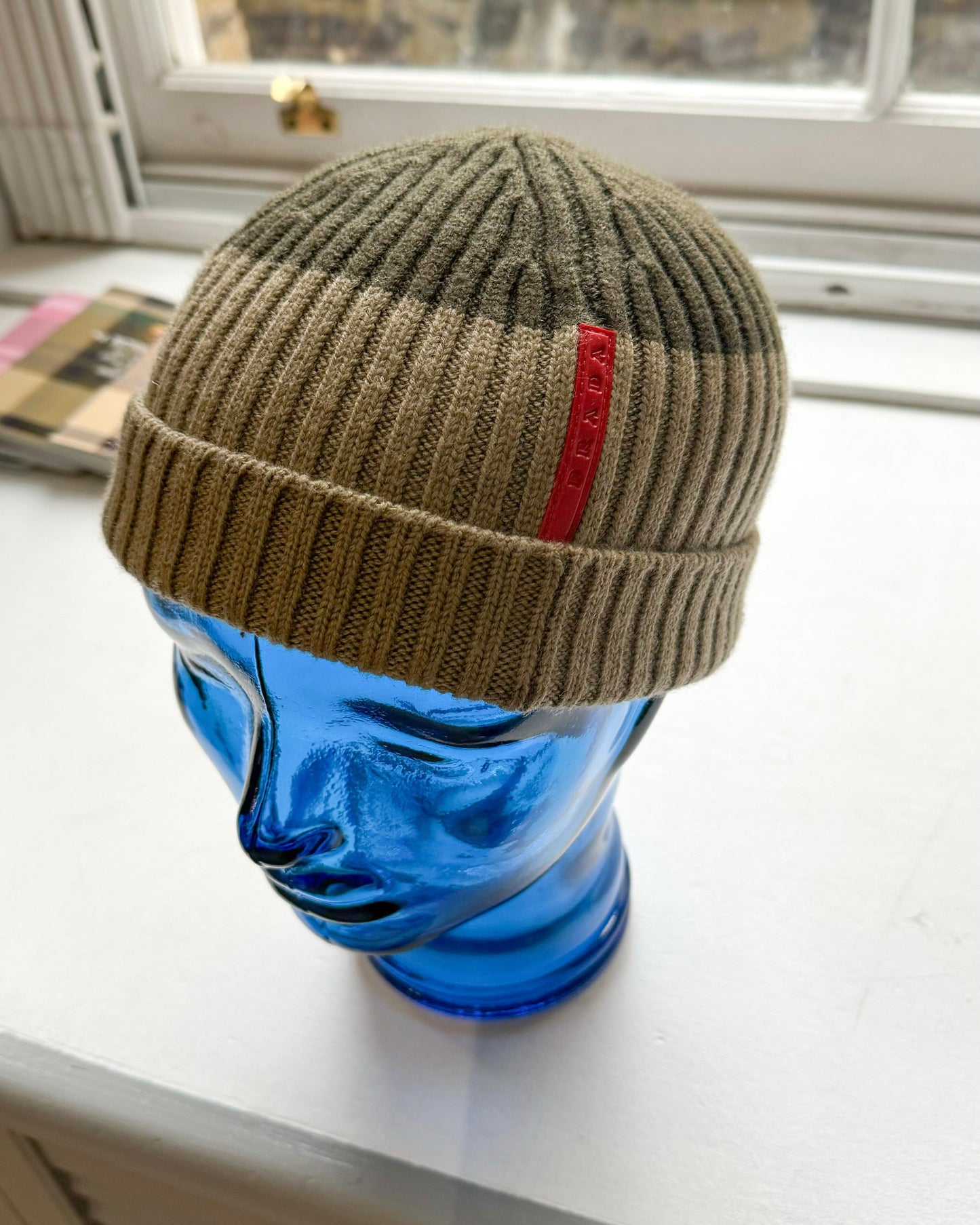 Two Tone Brown / Khaki Red Tab Beanie Hat