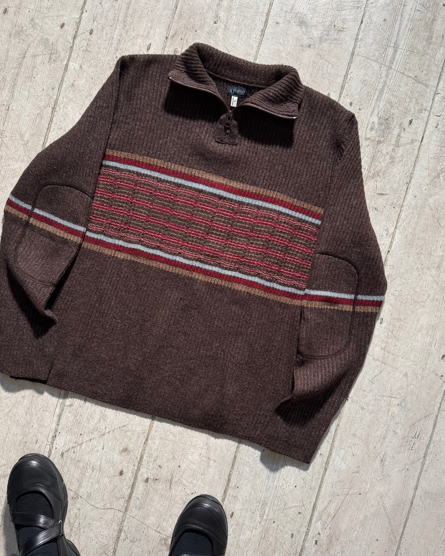 Early 2000s Brown Striped Quarter Zip Knit Jumper  (~M~)