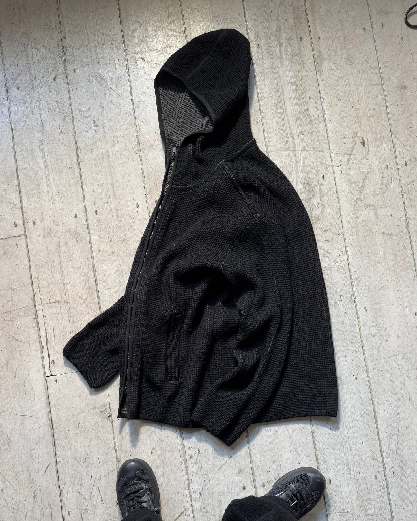 2000s Black Zip Up Waffle Knit Hoody (~XL~)