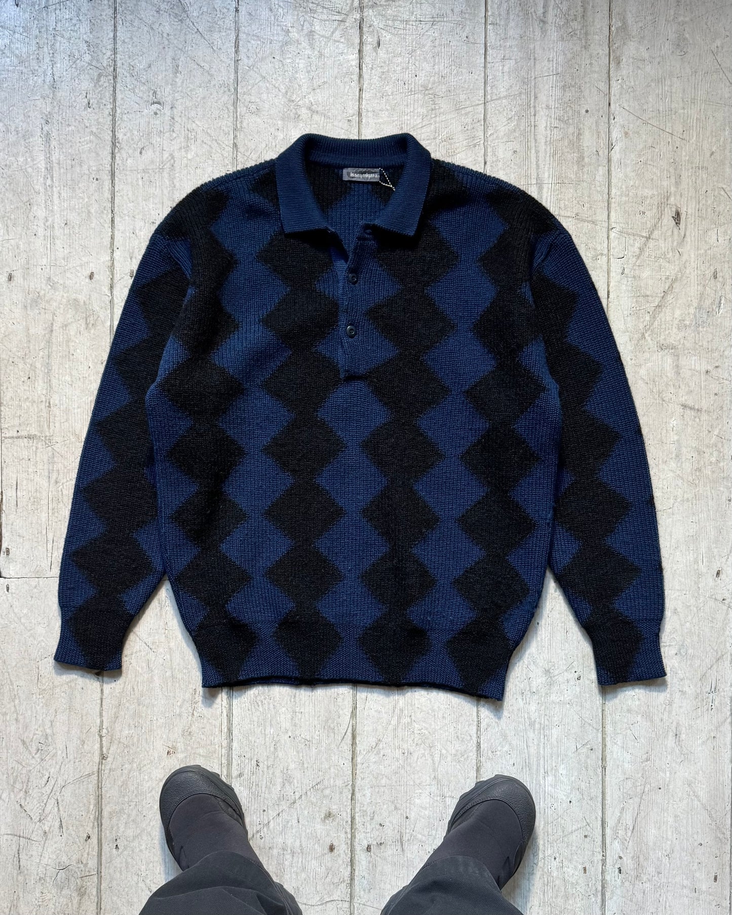 80s Blue Black Diamond Pattern Quarter Button Up Knit Sweater / Jumper (M~L)