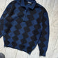 80s Blue Black Diamond Pattern Quarter Button Up Knit Sweater / Jumper (M~L)