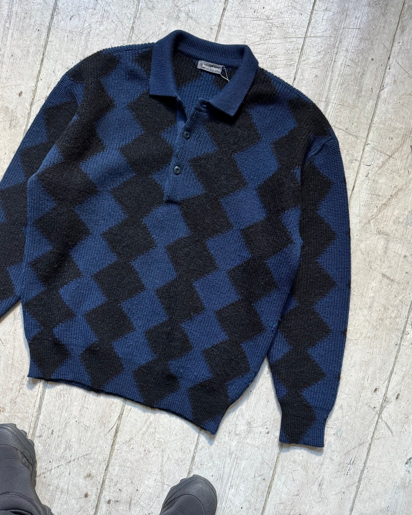 80s Blue Black Diamond Pattern Quarter Button Up Knit Sweater / Jumper (M~L)