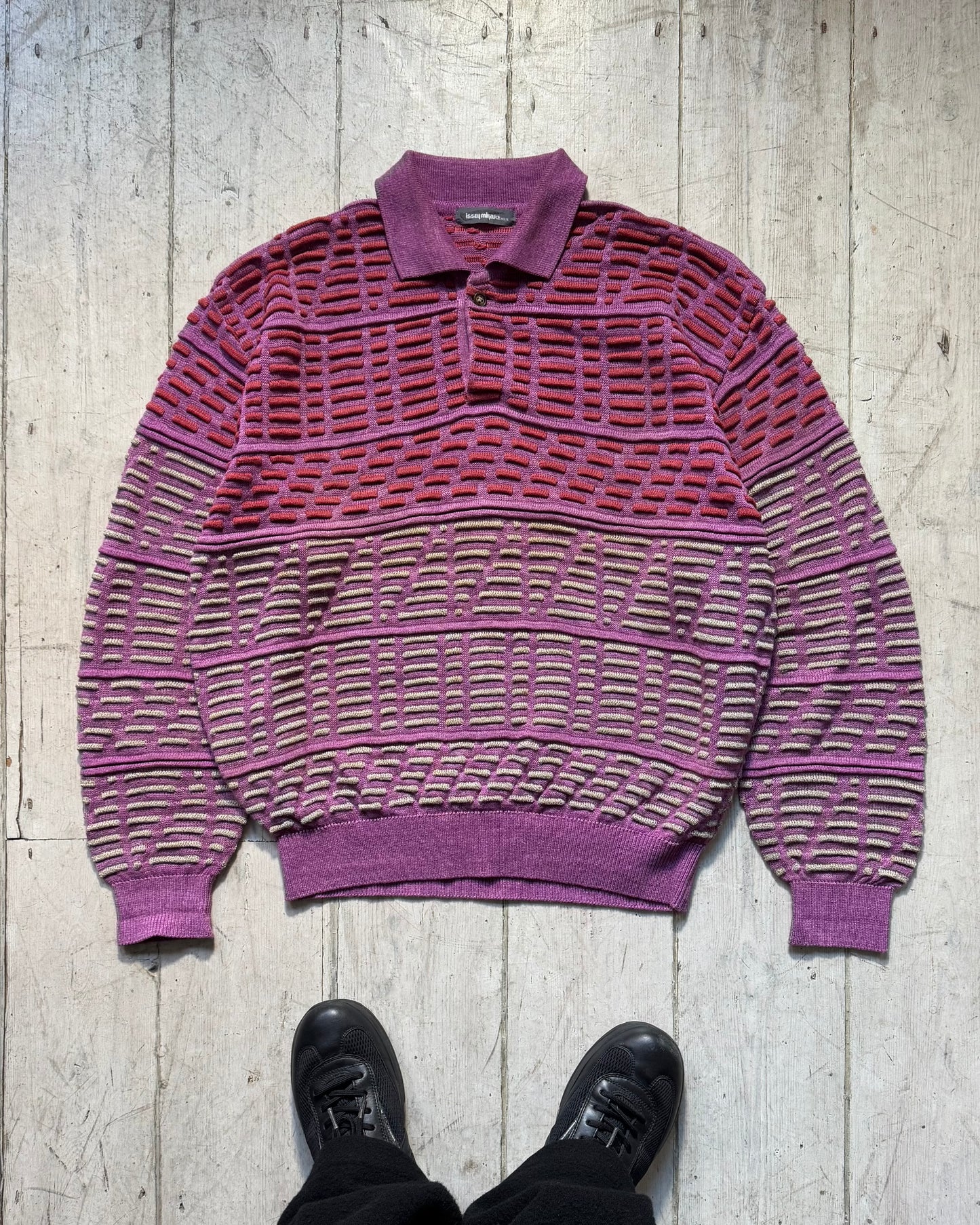 SS 1989 Purple / Red 3D Striped Pattern Knit LS Polo Jumper (~L~)