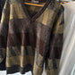 80s Brown Grey Diagonal V-neck Knit Sweater / Jumper (~L~)