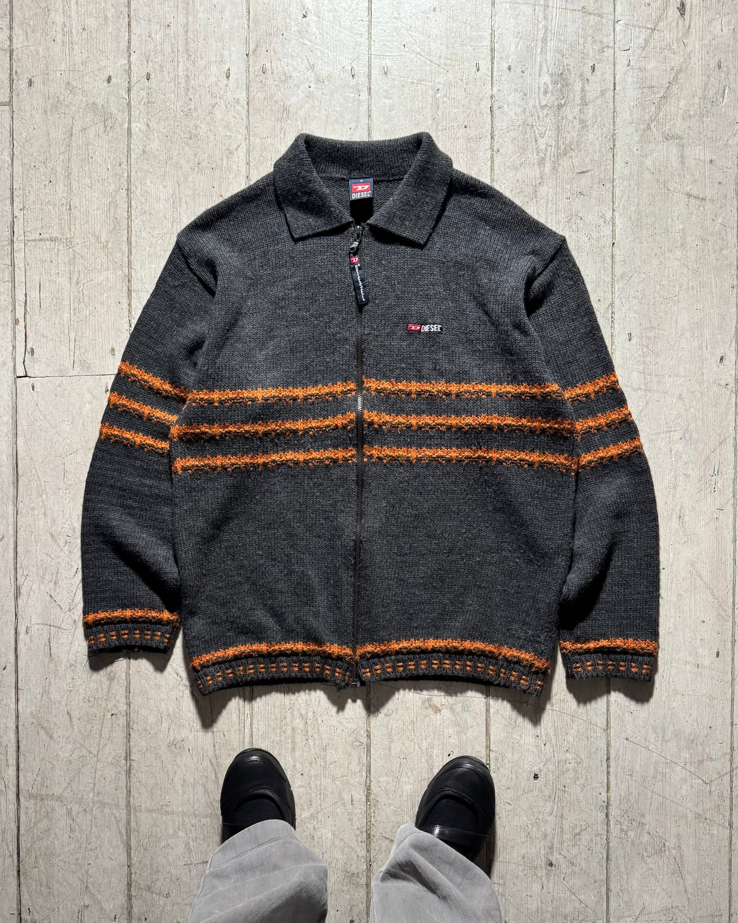 Early 2000s Grey Orange Striped  Zip Up Knit (~L~)