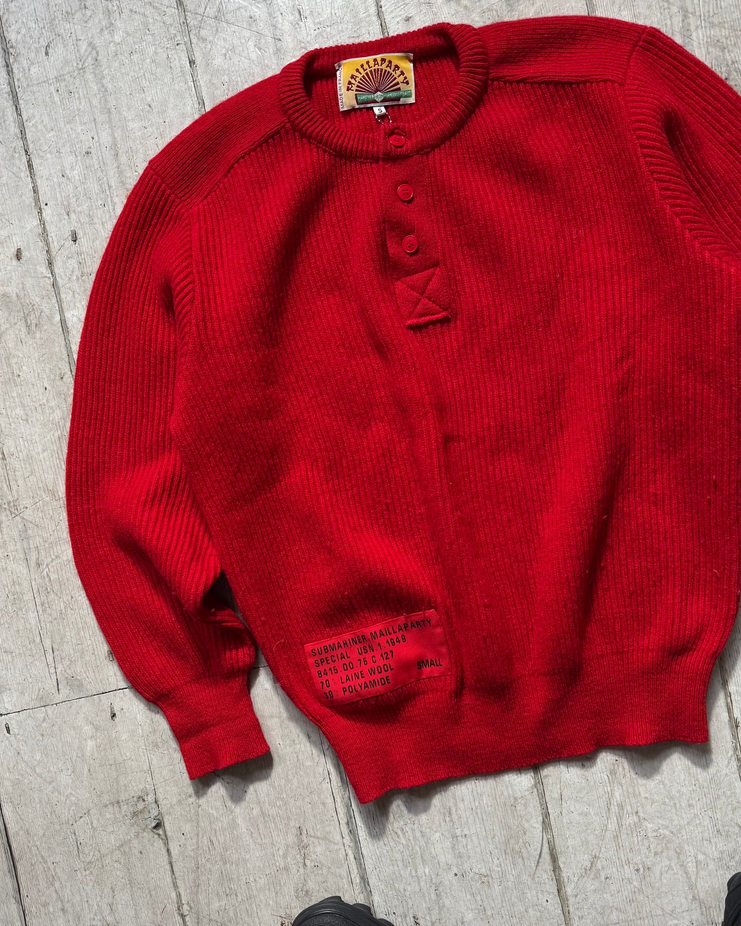 80s Maillaparty Red Submariner Style Henley Collar Knit Jumper  (S~M)