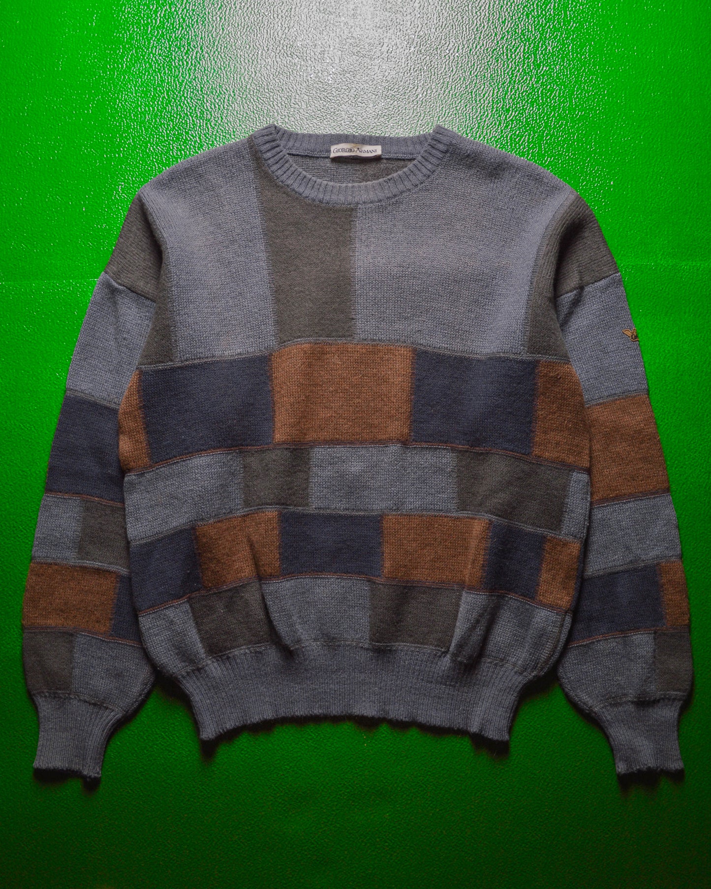 80s Green  Navy  Brick Block Pattern Alpaca Wool Knit Jumper (~L~)