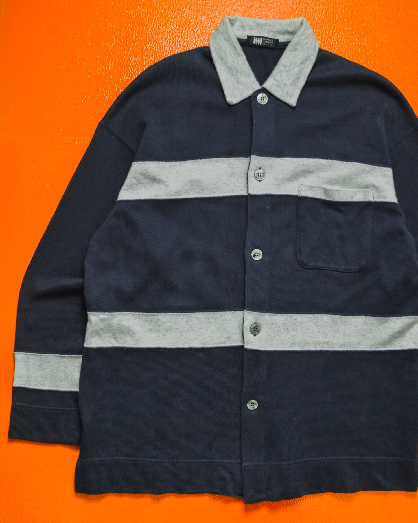 90s Design Studio Striped Long Sleeve Button Navy  Grey Knit Polo (L)