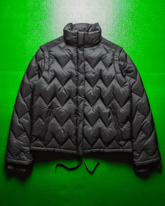 Black Zig Zag Panel 2 in 1 Detachable Sleeve Puffer Jacket (~S~)