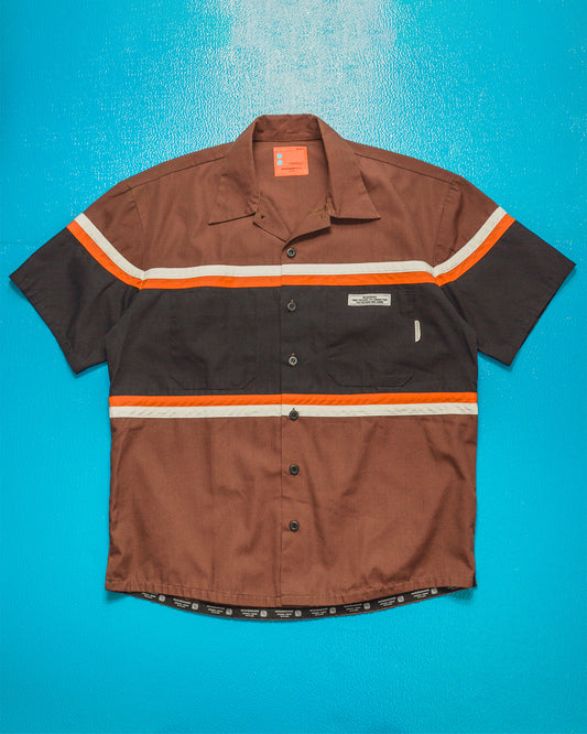 Early 2000s Brown / Orange Strip Panelled Boxy Shirt (M)