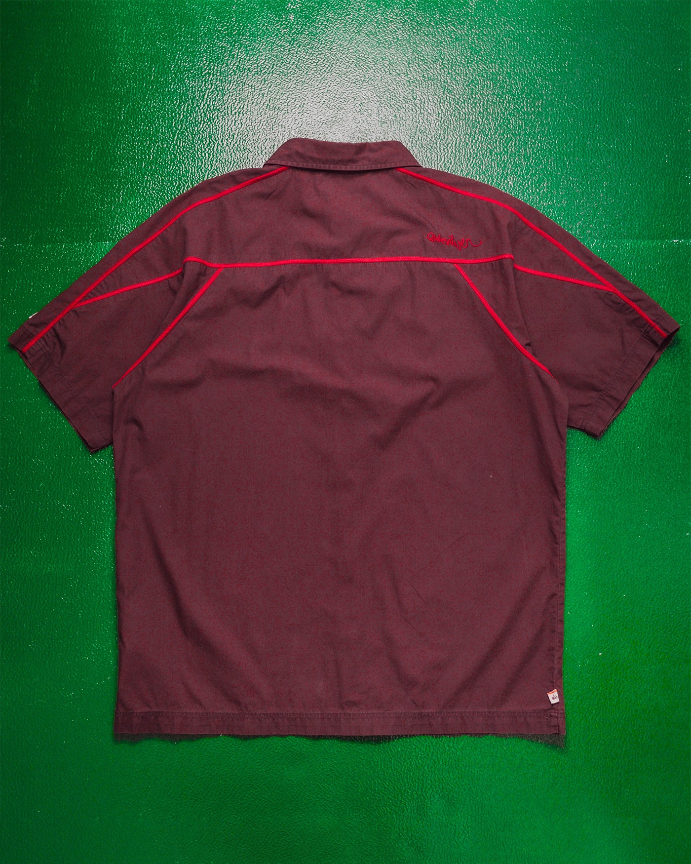 Panelled Contrast Overlocked Stitch Accent Burgundy Snap Button Shirt (L)