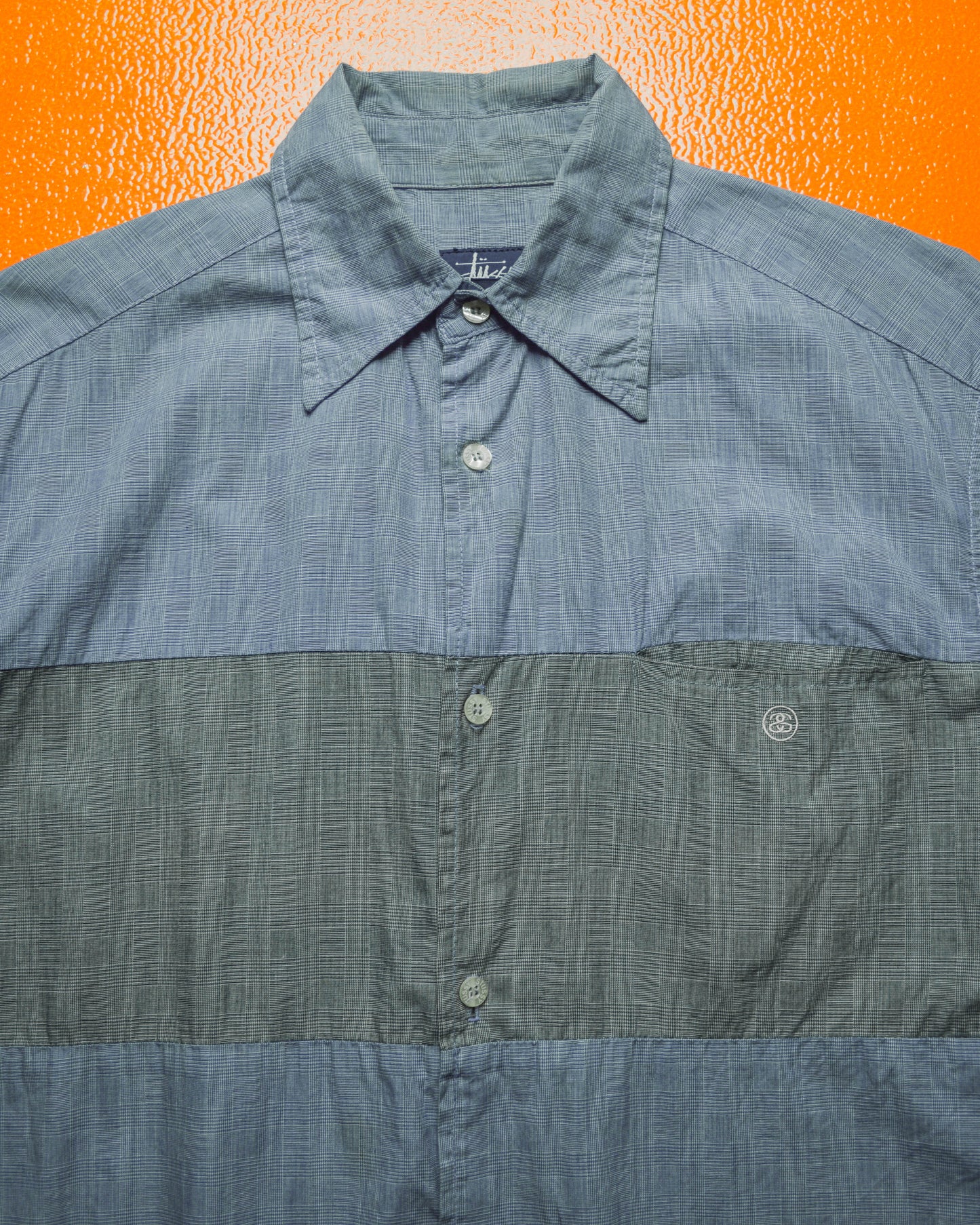 Blue Grey Check Two Tone Panelled Short Sleeve Shirt (~L~)