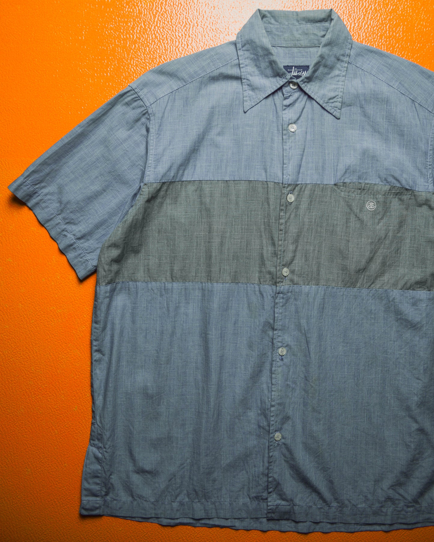 Blue Grey Check Two Tone Panelled Short Sleeve Shirt (~L~)